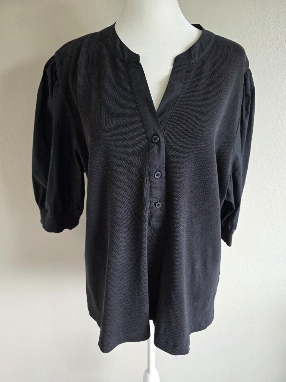 Quince Top Cotton Mixed Media Puff Sleeve Black Size XL 1/2 Button Popover